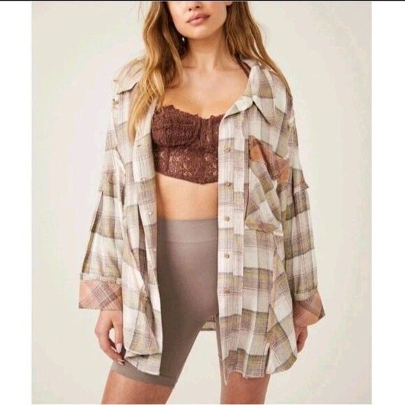 Free People Intimately Fallin For Flannel Sleep Shirt Top XS Women's Oversized - Picture 1 of 7